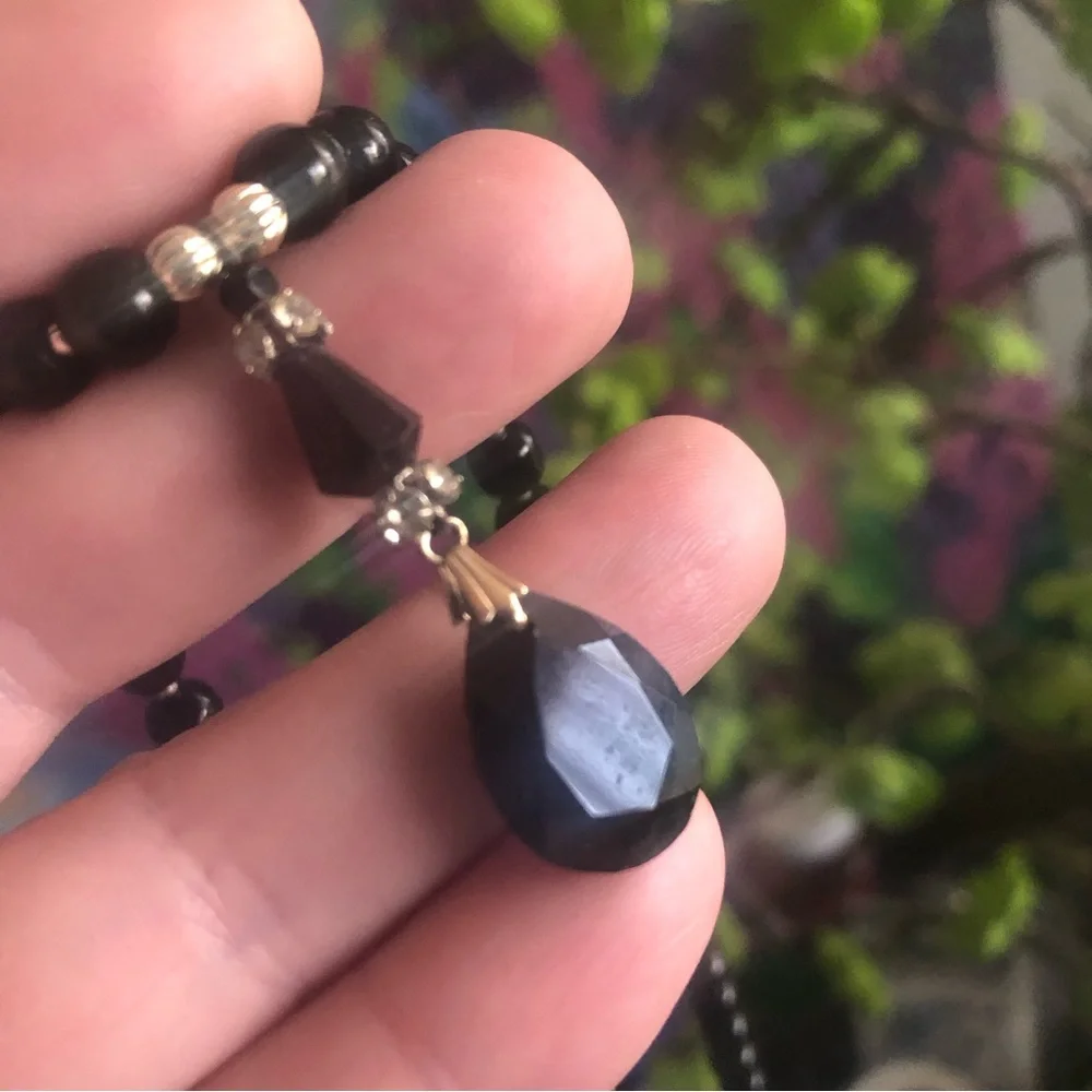 Handcrafted repurpose faceted black crystal pendant Czech glass Pearl necklace